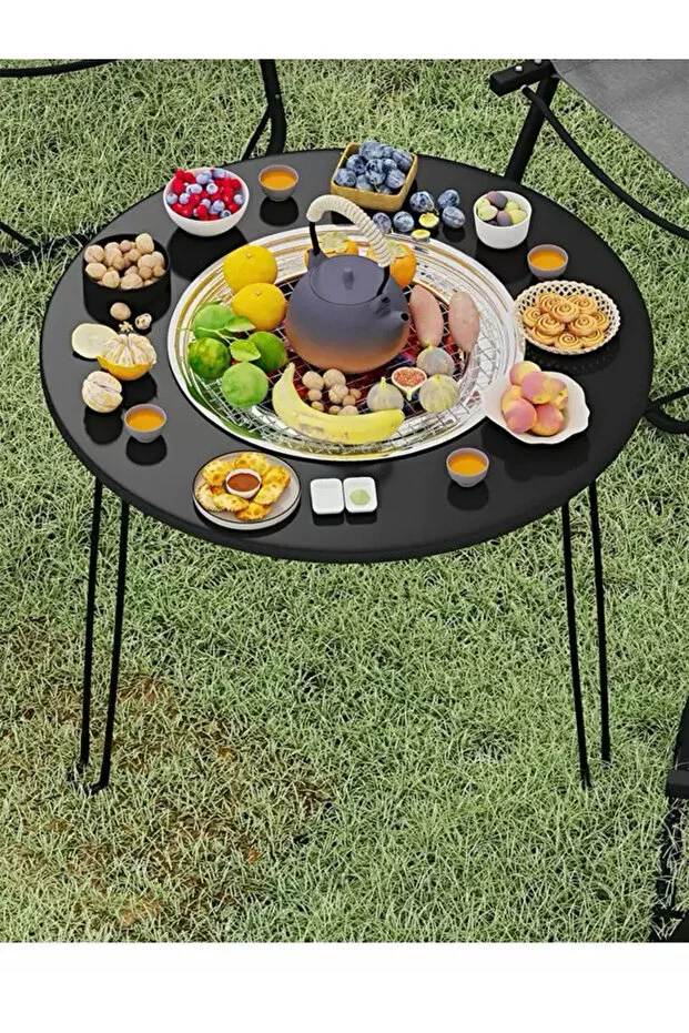 Mangal Maşı Masa Yuvarlak Katlanabilir Metal Mangal Masası - Kamp ve Piknik Taşıma 